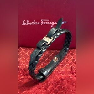 Salvatore Ferragamo Black Leather Braided Bracelet